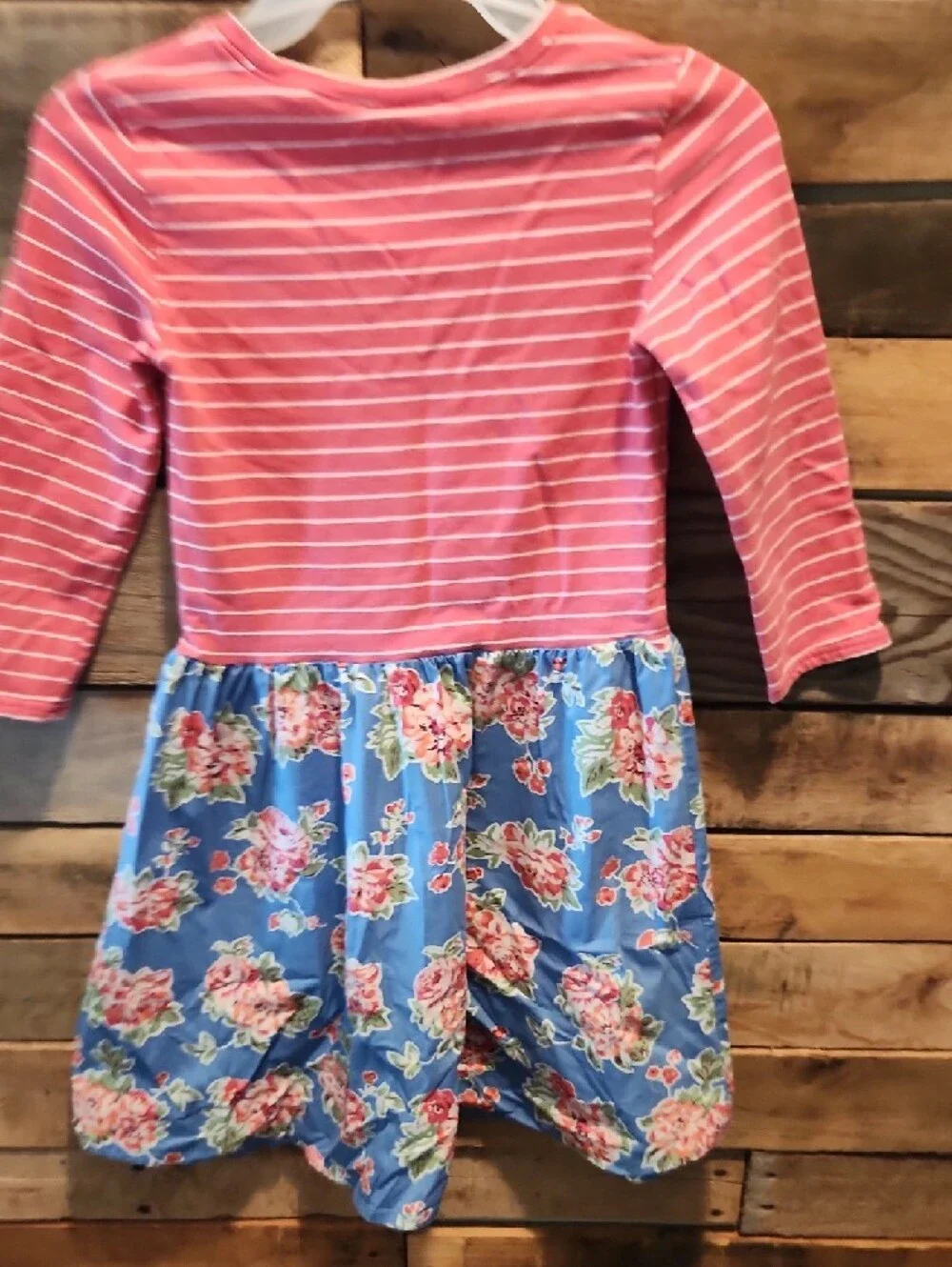Matilda Jane Girls Pink Striped Top with Blue Floral Skirt Dress